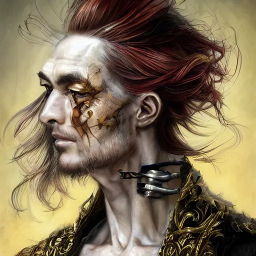 Image similar to portrait, headshot, insanely nice professional hair style, dramatic hair color, digital painting, of a old 17th century, old cyborg merchant, amber jewels, baroque, ornate clothing, scifi, realistic, hyperdetailed, chiaroscuro, concept art, art by Franz Hals and Jon Foster and Ayami Kojima and Amano and Karol Bak,