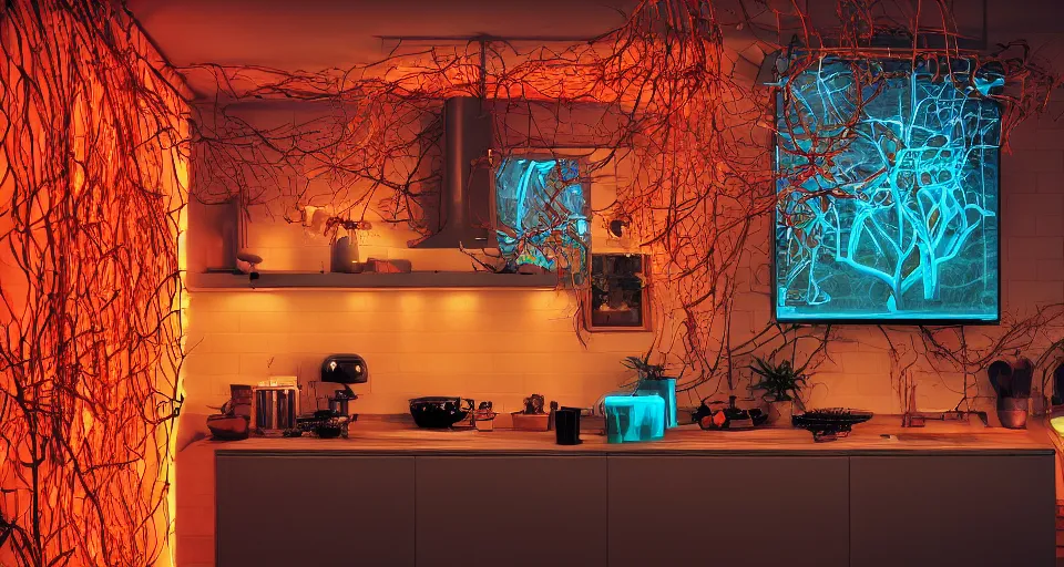 Prompt: IKEA catalogue photo, high end farm house style kitchen, tv screens, monitors, cyberpunk with neon lighting, cyan, orange, organic, vines, decay, by Beksiński