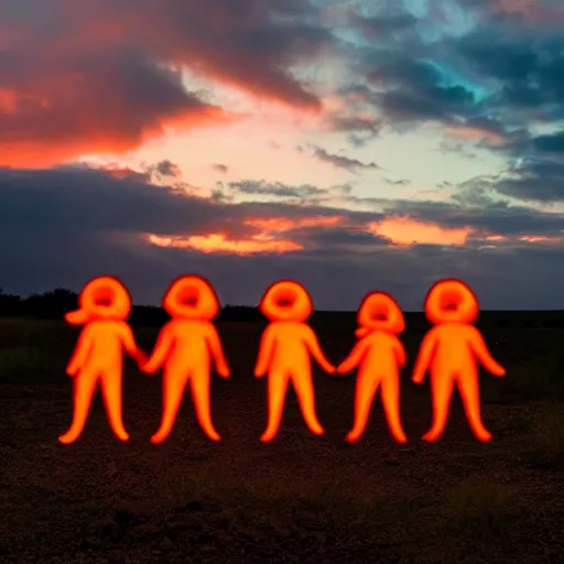 Image similar to a wide angle photo of three small orange glowing people rising into the sky, far away, inspiring, beautiful, brightly colored, paranormal