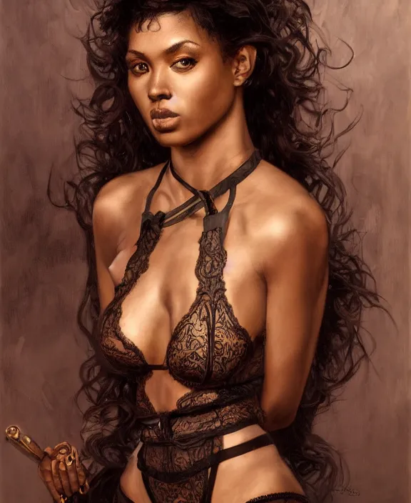 Prompt: a dark skinned man wearing an intricate and detailed silk lingerie set, suspenders, honey birdette, realistic renaissance portrait, highly detailed, digital painting, artstation, concept art, smooth, sharp focus, cinematic lighting, art by john collier, artgerm and greg rutkowski and alphonse mucha and jacques louis david