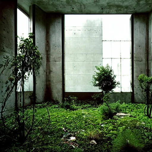 Image similar to an abandoned room in a concrete building, modern design, art deco, few overgrown plants, dreamy, overcast, by hans bellmer