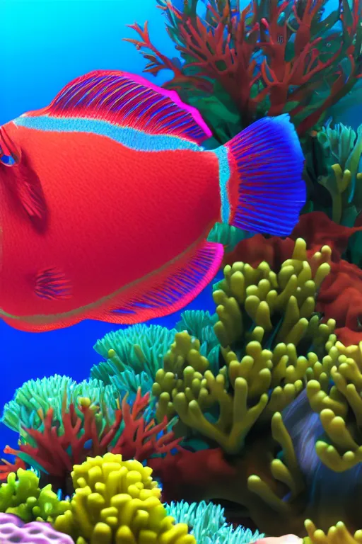 Image similar to a beautiful and colorful fish transparent swimming through a coral in the ocean, render in cinema 4 d