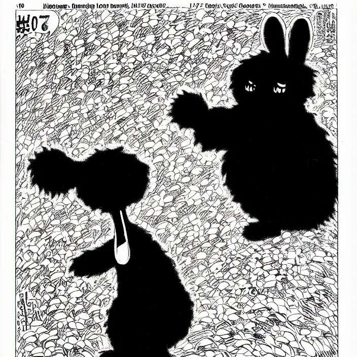 Prompt: a still frame from comic strip, black fluffy hairy furry rabbit on a clean background 1 9 5 0, herluf bidstrup, new yorker illustration, monochrome contrast bw, lineart, manga, tadanori yokoo, simplified,