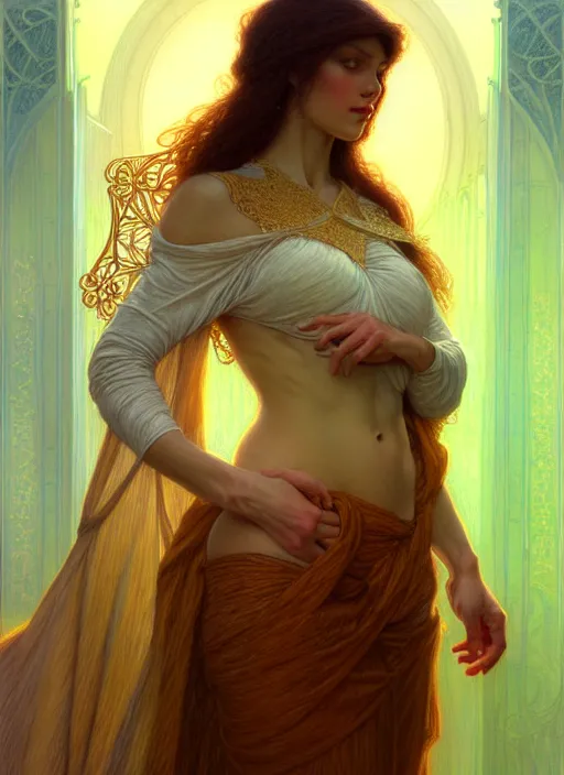 Image similar to character concept portrait of me as modest wife blessed by god to grow ever more intelligent beautiful voluminous muscular tall and virtuous. modestly clothed, intricate, elegant, highly detailed, digital painting, artstation, concept art, symmetry, smooth, sharp focus, illustration, art by gaston bussiere and alphone mucha