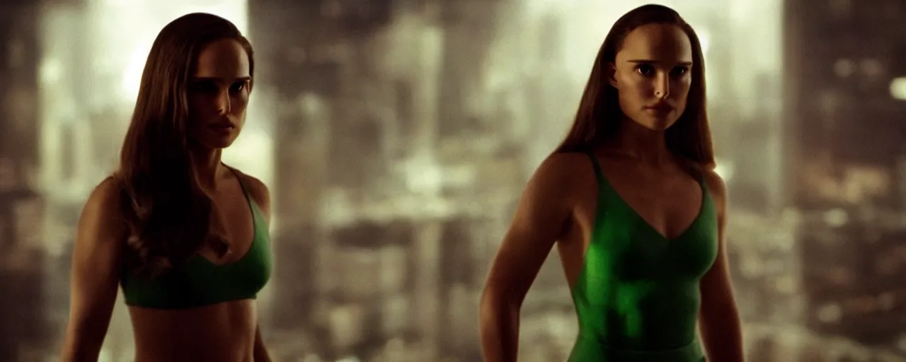 Image similar to “ natalie portman starring as the incredible hulk, film still, studio lighting, wide shot of new york city ”