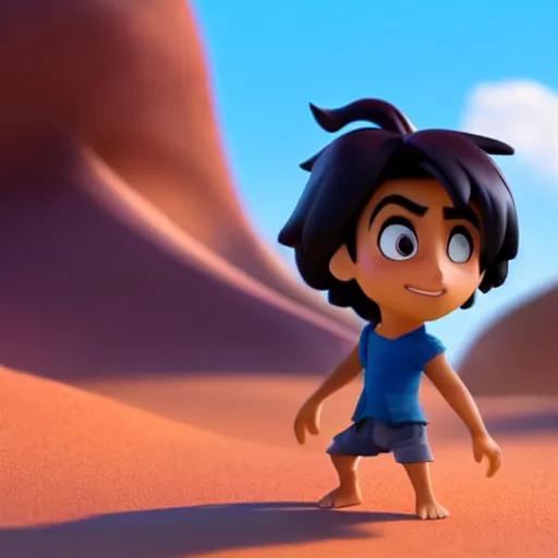 Image similar to profile view of young aladdin as nendoroid walking in a desert in the croods movie style, anime, disney, pixar, 8 k, hd, dof, kodak film, volumetric lighting, subsurface scattering, photorealistic, octane render, details