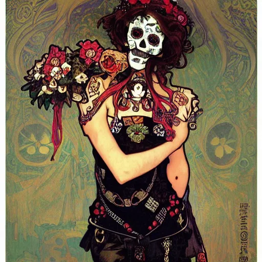 Image similar to cute punk Día de los Muertos girl by Alphonse Mucha Egon Schiele Ayami Kojima Amano Charlie Bowater, photography by Mario Testino, masterpiece