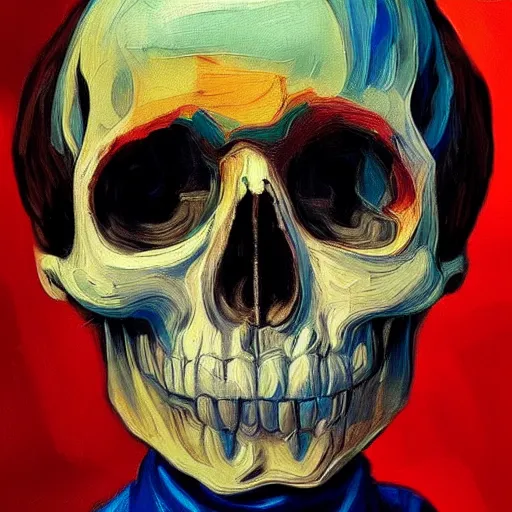 Prompt: a portrait of a childs skull face, angel, wings, in the style of artgerm, van gogh, atey ghailan and steve mccurry, vibrant colors and hard shadows and strong rim light, lucien freud, comic cover art, trending on artstation