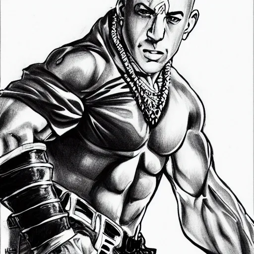 Image similar to Black and white drawing of Vin Diesel walking like a Italian model in JoJo\'s Bizzare Adventure style, highly detailed, sharp focus, 1990 manga panel, anime, ArtStation, art by Hirohiko Araki