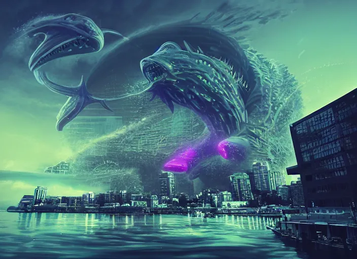 Prompt: seattle being attacked by a sea monster, by beeple