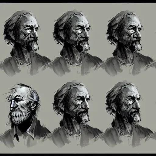 Image similar to faces reference sheet of old - man by ashley wood and j. m. w. turner, speed painting, matte painting, monochrome