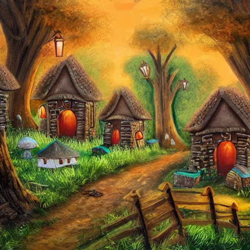 Image similar to village made of mushroom houses with doors and windows in enchanted forest landscape luminescent detailed oil painting 4 k