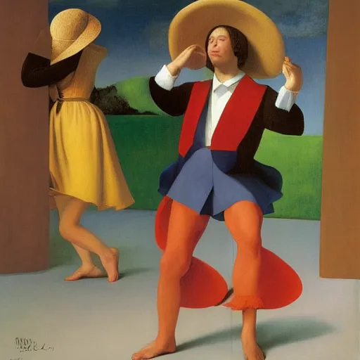 Image similar to a Mexican Hat Dance by Raphael, Hopper, and Rene Magritte. detailed, romantic, enchanting, trending on artstation.