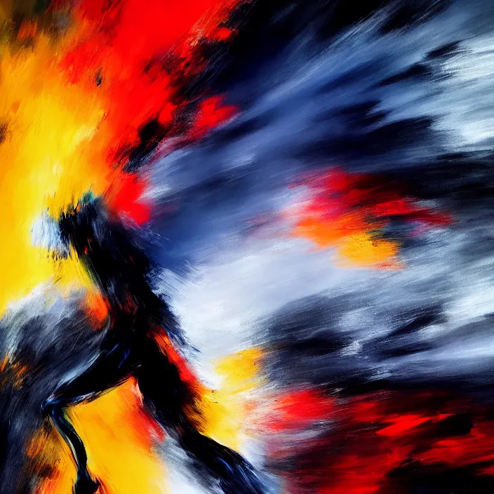 Image similar to abstract, a thin, fit man's body explodes in abstract, thick flowing dramatic brush strokes, strong wind, black background, matte colors, impressionist, extreme motion, trending on artstation