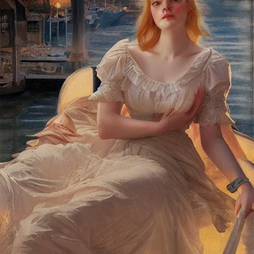 Prompt: Elle Fanning, nighttime, on a boat, artstation, by J. C. Leyendecker and Peter Paul Rubens,