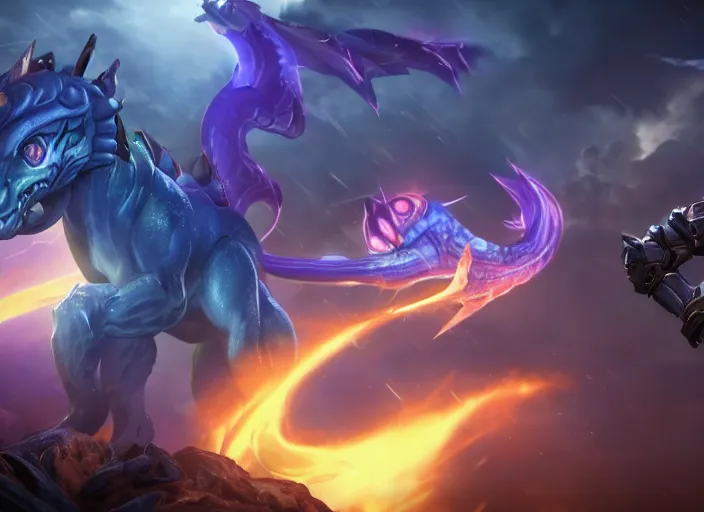 Image similar to aurelion sol and deathwing face to face, ultra realistic 4 k unreal engine very cinematic render with ray tracing bloom ambient occlusion strong reflections depth of field fog