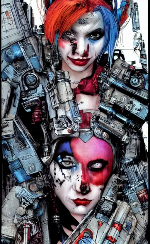 Image similar to a dream portrait of cyberpunk Harley Quinn in post apocalyptic Gotham art by Paul Dini, Travis Charest, Simon Bisley