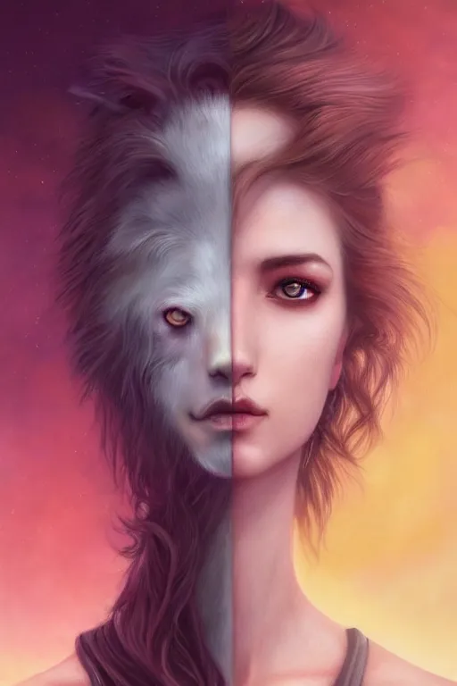 Image similar to portrait of a half woman half wolf, straight on portrait, by artgerm, tom bagshaw, gerald brom, vaporwave colors, lo - fi colors, vaporwave, lo - fi, moody vibe, goth vibe, 4 k, hd,