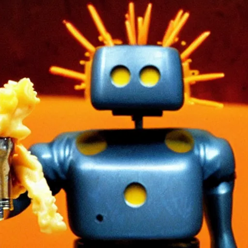 Prompt: mac n' cheese killer robot from 2000s sci-fi award winning foreign film.