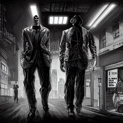 Prompt: a cyberpunk noir of gay robots 1885