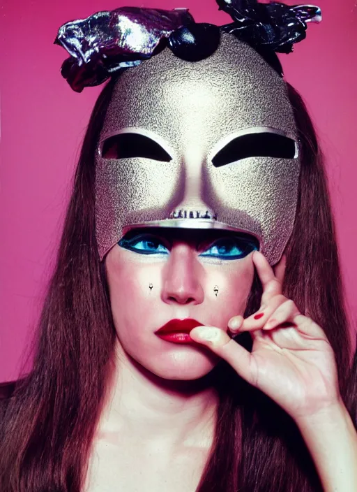 Image similar to a fashion portrait photograph of a woman wearing a metal mask designed by david lachapelle, 3 5 mm, color film camera,