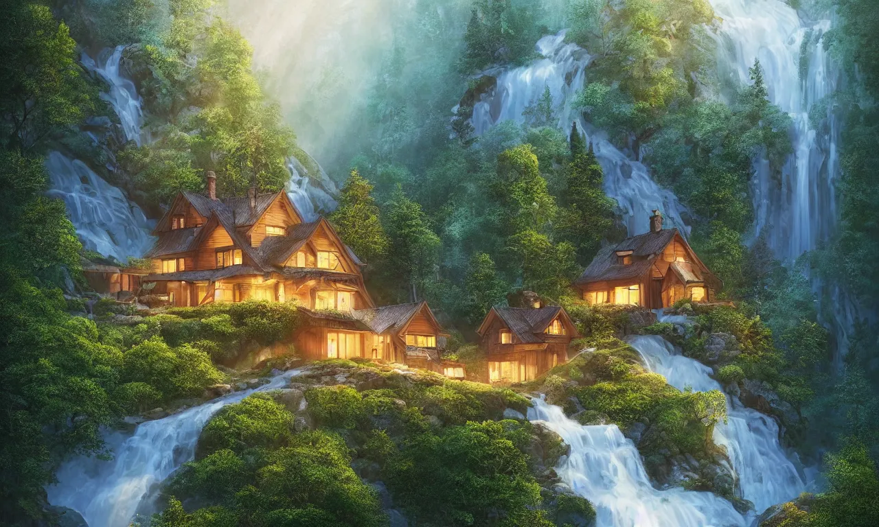 Image similar to scandinavian house in the forest on a hill, pixar, vector style, waterfall flows down from the mountain, vector art, fabulous, global illumination, warm lighting, by jordan grimmer