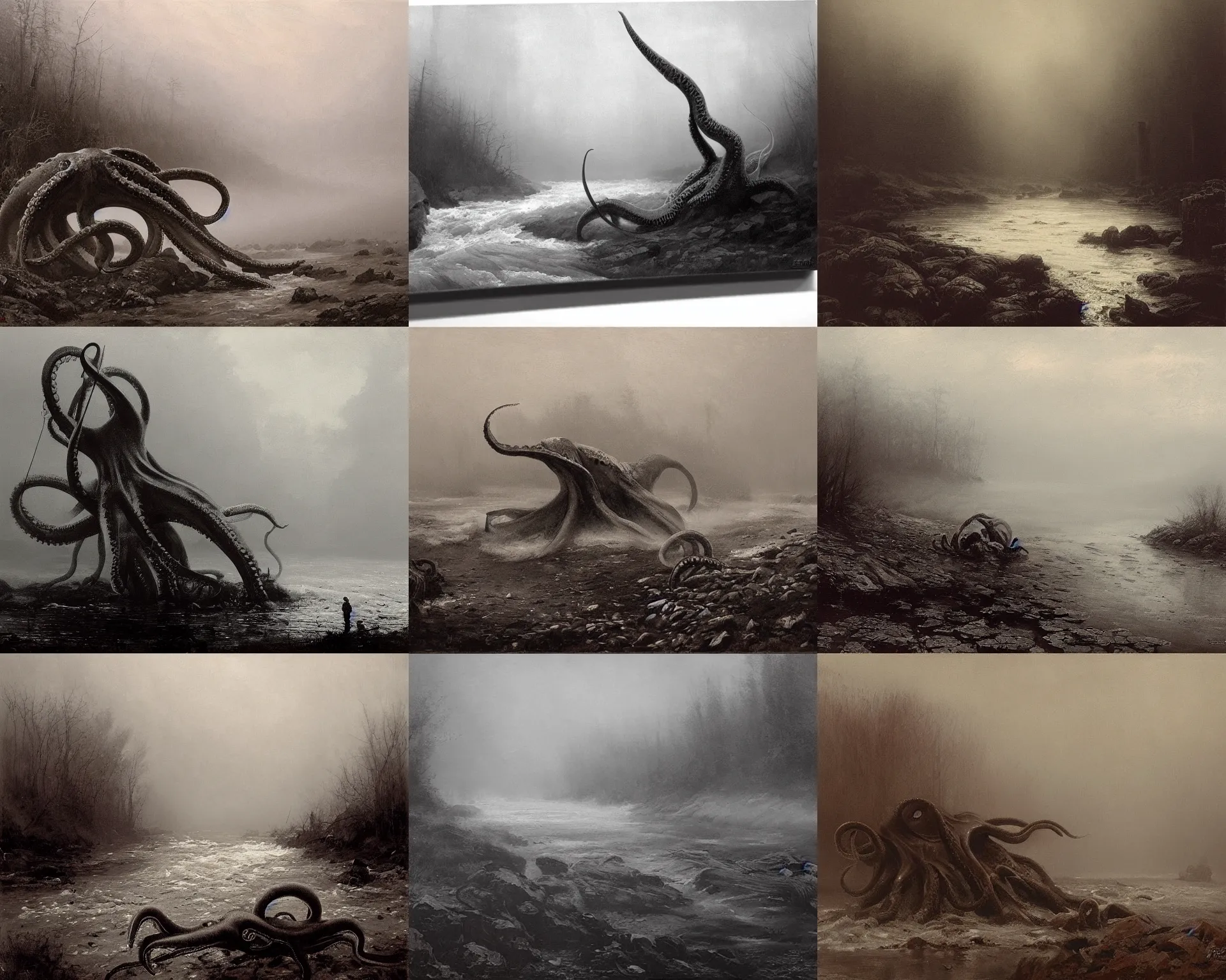 Prompt: Wild river in 1914 , dead giant oversized octopus !!! on side of the river, foggy evening, grayscale by Rozalski