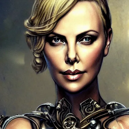 Image similar to beautiful Charlize Theron, perfect face and body, in detailed steampunk dress, smooth, sharp focus, illustration, realistic, cinematic, artstation, gold, ornate, award winning, original modern artwork, set on H. R. Giger aesthetic, rgb ethereal lighting,8k