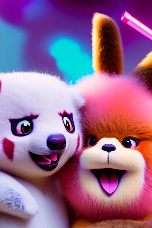 Prompt: high quality 3 d render hyperrealist very cute pastel fluffy red panda & koala hybrid eating giant ice cream, vray smooth, in the style of detective pikachu, hannah yata, very dramatic light, low angle, uhd 8 k, shallow depth or field