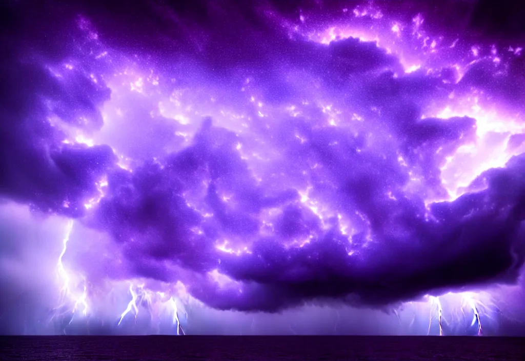 Image similar to purple color lighting storm with stormy sea close up of a pirate ship firing its cannons trippy nebula sky with dramatic clouds by banksy Photorealism
