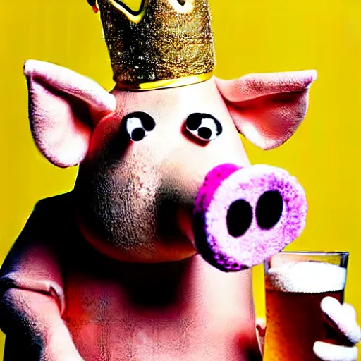 Prompt: studio photograph of a pig wearing a gold crown depicted as a muppet drinking a glass of beer