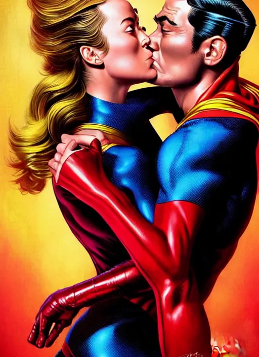 Image similar to brie larson and amber heard kissing as comic book super villains, full body portrait, natural lights, photorealism, dramatic, cinematic, art by artgerm, rossdraws, norman rockwell, magali villeneuve, gil elvgren, alberto vargas, earl moran, enoch bolles