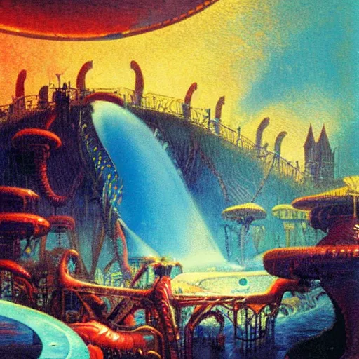 Image similar to a large water park in hell by paul lehr and moebius