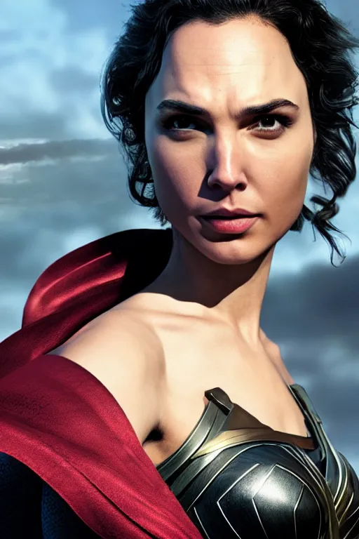 Prompt: a fancy close up of Man of Steel cast as gal gadot by Greg Rutkowski, Sung Choi, Mitchell Mohrhauser, Maciej Kuciara, Johnson Ting, Maxim Verehin, Peter Konig, 8k photorealistic, cinematic lighting, HD, high details, dramatic, trending on artstation, full body shot