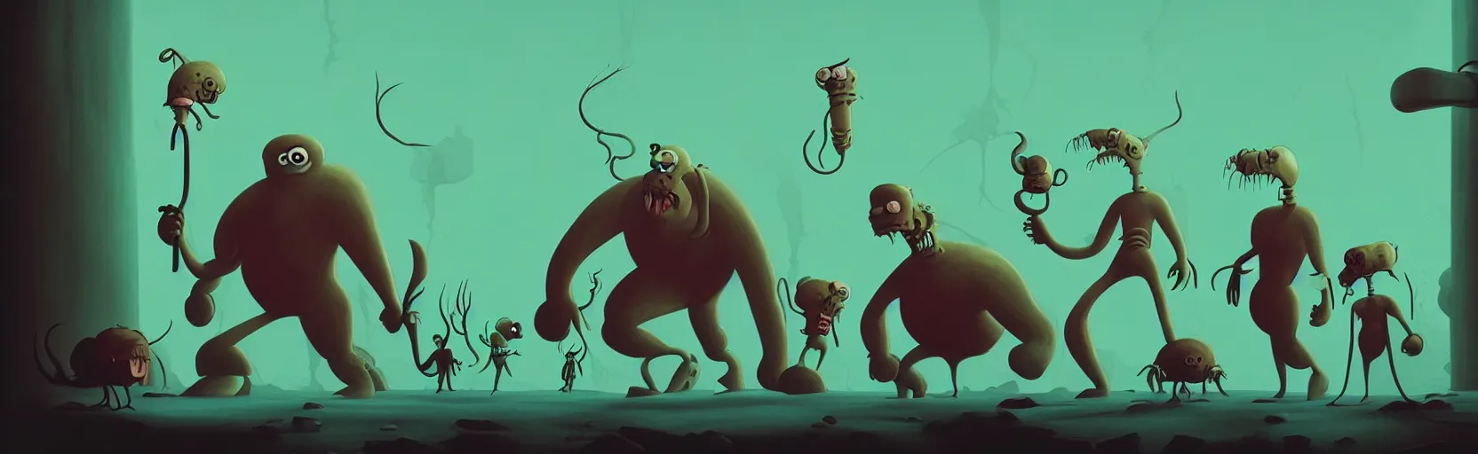 Image similar to uncanny whimsical savage mutants from the depths of a vast wasteland in the collective unconscious, dramatic lighting, surreal fleischer cartoon characters, shallow dof, surreal painting by ronny khalil