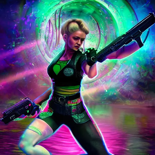 Prompt: Long Shot of psychodelic Sonya Blade in mysterious astral temple jumpin with pistol in river of chromatic SPIRITS , beautiful, dmt, trending on artstation, omnious, soft, hypermaximalistic, high details, cinematic, 8k resolution, artwork by Wong, Liam