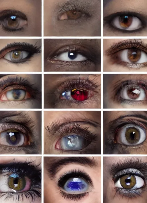 Prompt: grid montage of cube shaped eyes cubes, square shaped black dilated pupils cubes, cube shaped irises, detailed colored textures, lashes, advanced art, art styles mix, wet reflections in square eyes, sunshine light, hd macro photograph, from side, various eyelid positions, square black pupil centered