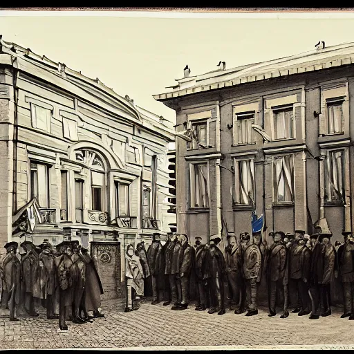 Image similar to by william henry hunt ornamented. the experimental art of a police station in the lithuanian city of vilnius. in the foreground, a group of policemen are standing in front of the building, while in the background a busy street can be seen.