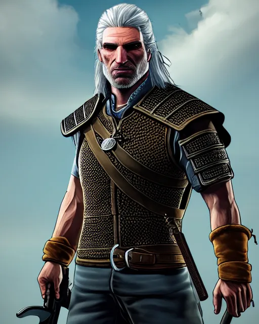 Prompt: portrait of geralt of rivia in the style of gta cover art, highly detailed, artstation, trending, concept art, by stephen bliss, anthony mcbain, roxie vizcarra