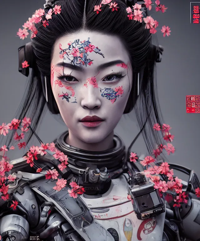 Image similar to an epic fantastic realism comic book style portrait painting of a japanese robotic geisha with kanji tattoos and decals, cherry blossom rain everywhere, apex legends, octane render, intricate detail, 4 k hd, unreal engine 5