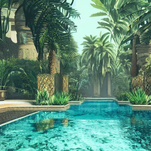 Prompt: a pool in a ancient egyptian interior full of plants and palms, 3d render,unreal engine