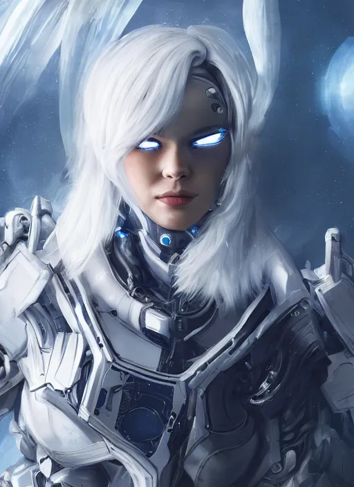 Image similar to photo of a cyborg girl on a space ship, warframe armor, white hair, pretty face, scifi, professionally color graded, interesting angle, sharp focus, 8 k high definition, insanely detailed, intricate, innocent, art by stanley lau and artgerm