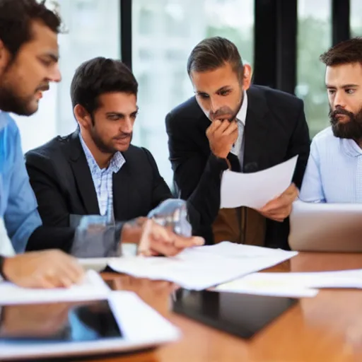 Image similar to photo of a businessman pitching his portfolio to a table of other businessmen