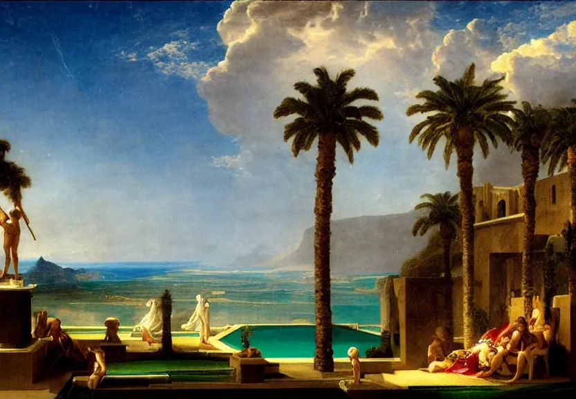 Image similar to The highest palace ever made, thunderstorm, greek pool, beach and palm trees on the background major arcana sky, by paul delaroche, hyperrealistic 4k uhd, award-winning very detailed