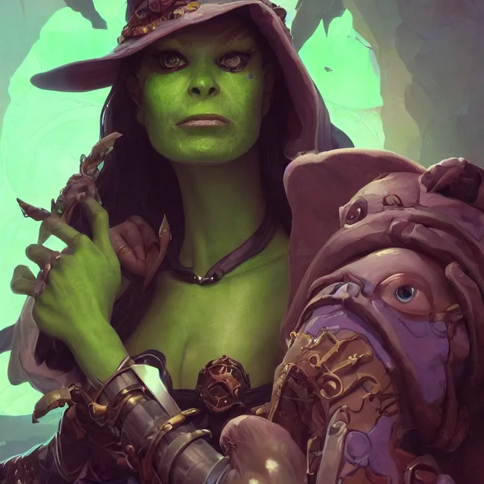 Prompt: beautiful illustrated portrait of a mischevious female green-skinned goblin alchemist, painted, 4k artwork, trending on artstation, octane render, art by artgerm and greg rutkowski and alphonse mucha and craig mullins and James Jean and Andrei Riabovitchev and Marc Simonetti and peter mohrbacher