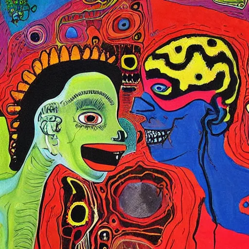 Image similar to beautiful painting of two bizarre psychedelic women kissing each other closeup on an alien planet, speculative evolution, mixed media collage by basquiat and junji ito, magazine collage art, psychedelic illustration, sapphic art, lesbian art