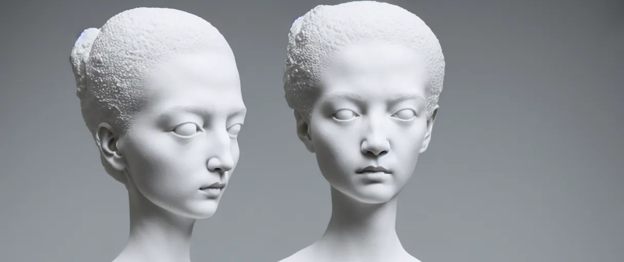 Prompt: symmetry!! full head and shoulders, beautiful female porcelain sculpture by daniel arsham and raoul marks, intricate, elegant, highly detailed, digital painting, artstation, concept art, smooth, sharp focus, all white features on a white background, delicate facial features