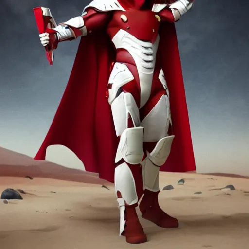 Prompt: full body shot of a muscular soldier vertical nose slits, angular eyebrows, blood - spattered glossy sleek white dinged scuffed armor and a long torn red cape, heroic posture, battle - weary, strained expression, determined expression, no helmet, on the surface of mars, dramatic lighting, cinematic, sci - fi, hyperrealistic, detailed