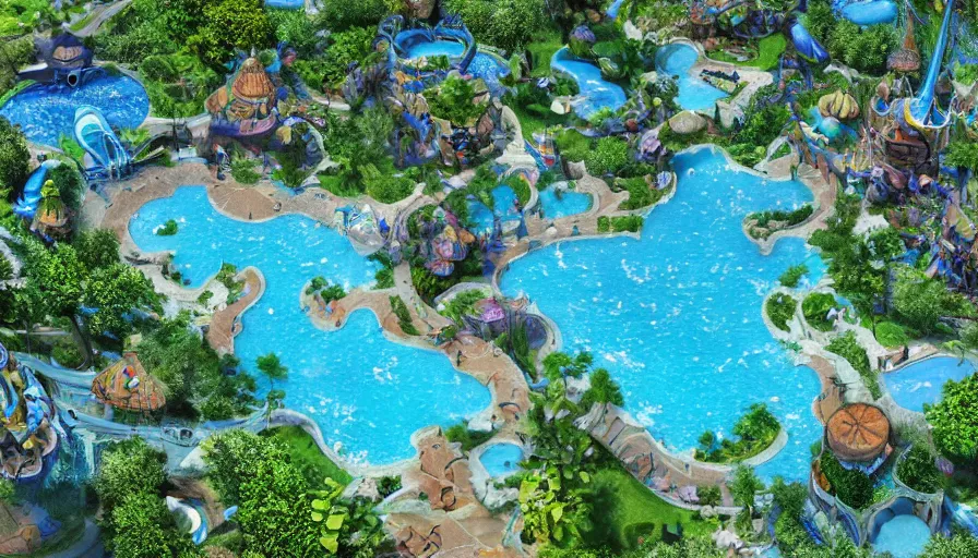 Image similar to a cluster of multiple shallow kidney shaped aqua blue pools in a neighborhood park, it ’ s a small world water ride, photorealistic, deviant art, unreal engine, realistic shading, realistic render, octane render, detailed textures, photorealistic, wide shot