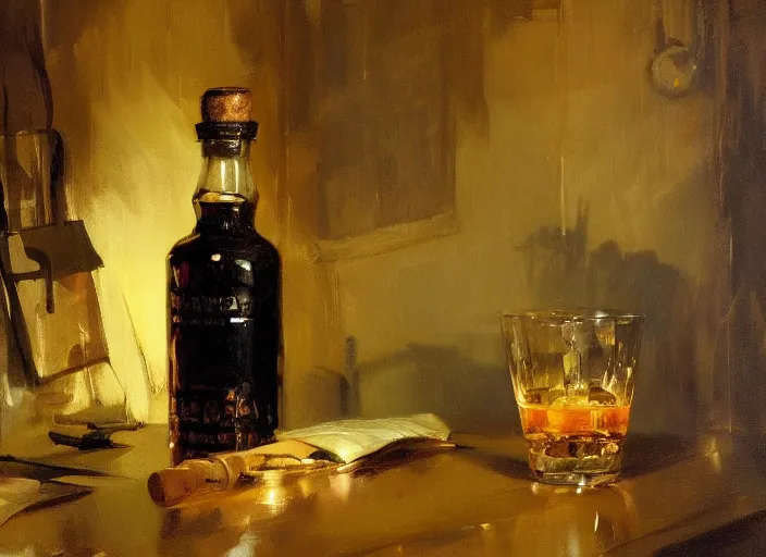 Prompt: impasto oil painting of whiskey bottle, art by anders zorn, wonderful masterpiece by greg rutkowski, beautiful cinematic light, american romanticism by greg manchess, creation by tyler edlin